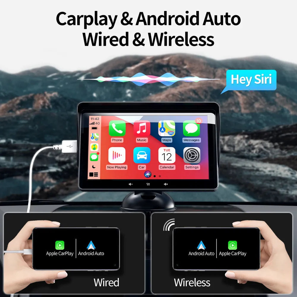 7 inch wireless CarPlay car display with cigarette lighter interface and suction cup mount