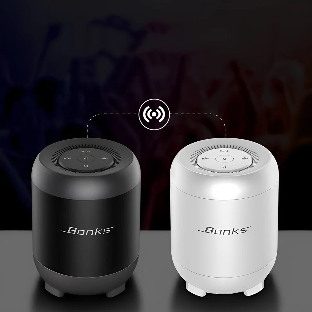 Black and white Bluetooth speaker with AI voice control featuring 16-hour battery and subwoofer boosting