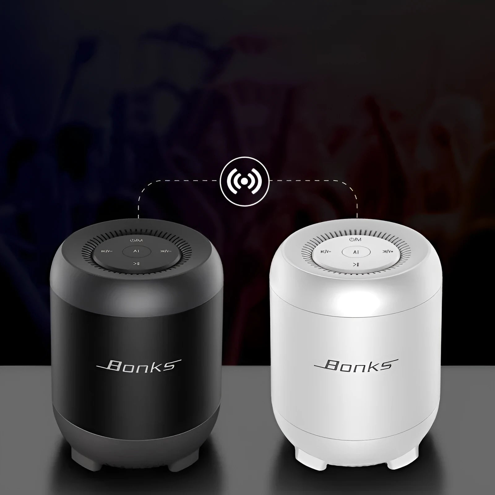 Black and white Bluetooth speaker with AI voice control featuring 16-hour battery and subwoofer boosting