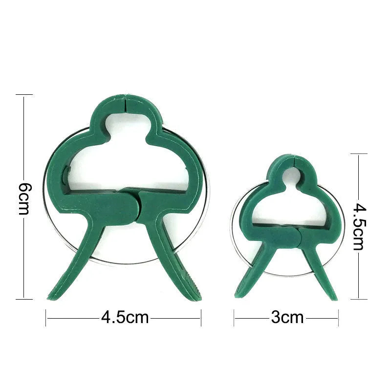 Green plastic and zinc plant fixing clips for supporting climbing tomato and cucumber vines.