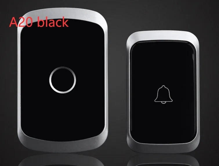 Wireless doorbell kit showing AC plug-in receiver and battery-powered transmitter in black finish.