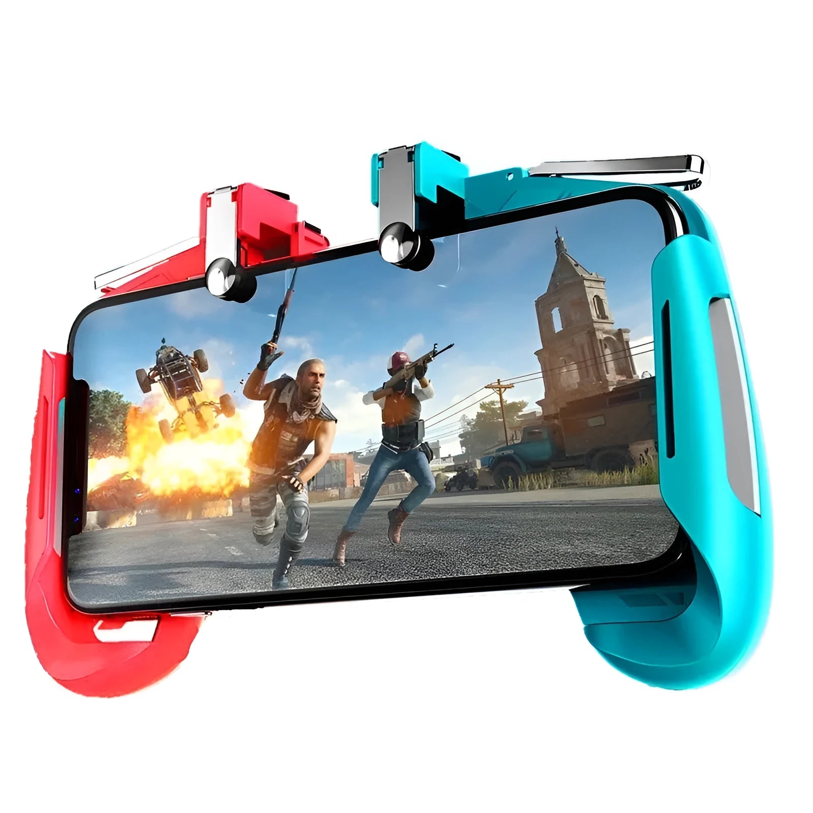 Black Bluetooth mobile game handle with telescopic arms extended, holding a smartphone