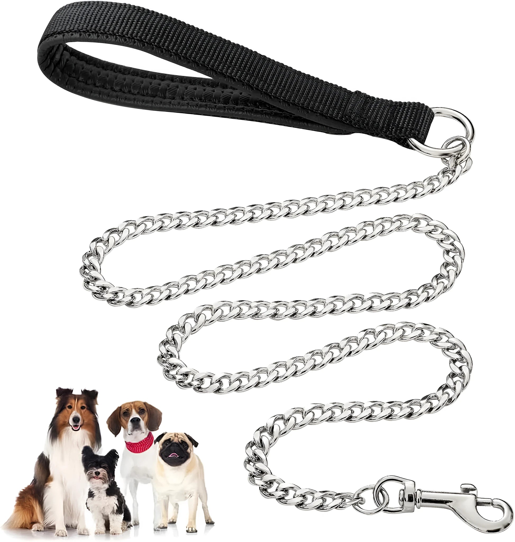Heavy duty metal dog leash with chew proof chain and soft padded handle for large dogs