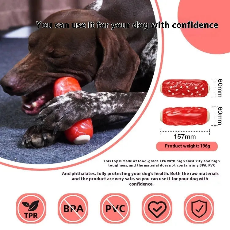 Primary colour plastic dog chew toy with hollow centre and molar-textured rod shape