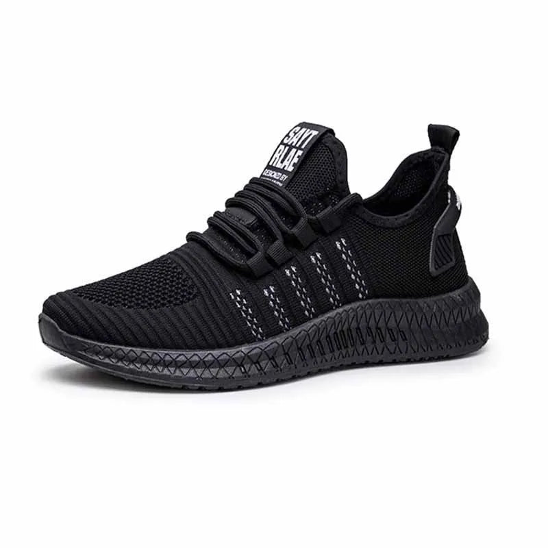 Men's black casual sports shoes with flying three bars stripe pattern and cross strap details on a white background.