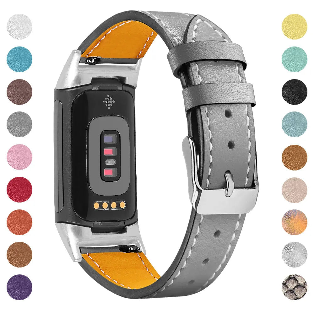 Genuine cowhide leather replacement strap for Fitbit Charge 5 and Charge 6 smartwatch in multiple colours.