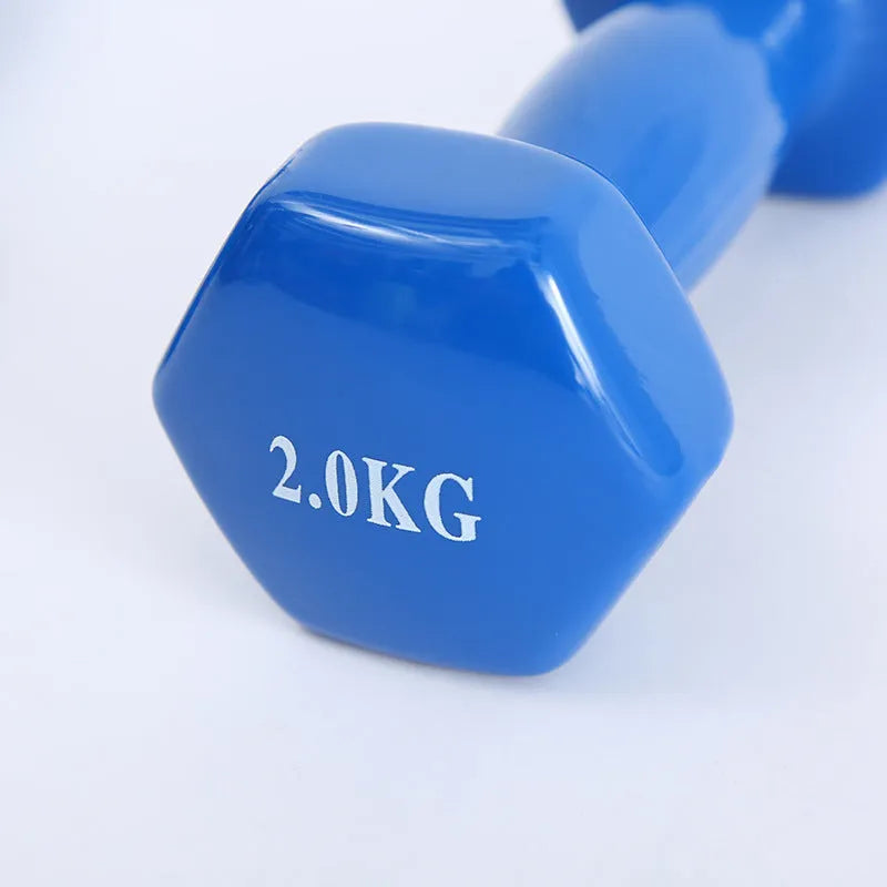Bright colour plastic fitness dumbbells in random colours showing glossy surface finish for home exercise