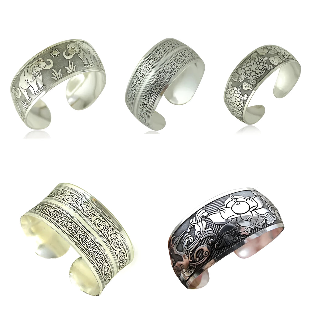 Ethnic Miao silver carved open bracelet with Roman shape in antique turtle colour