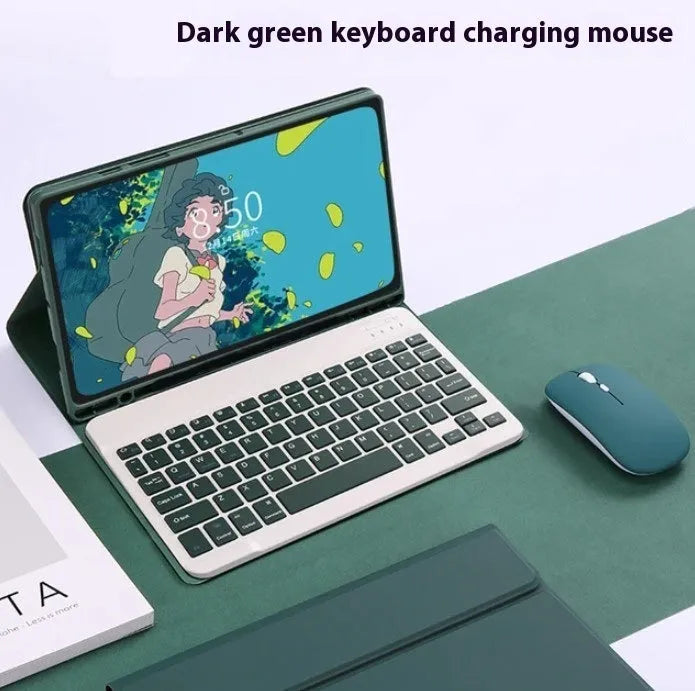 Samsung Galaxy Tab S tablet in a black leather-look case next to a wireless keyboard and charging mouse.