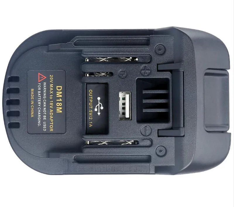 Black battery adapter connecting Milwaukee DM18M tools to Makita H99F batteries