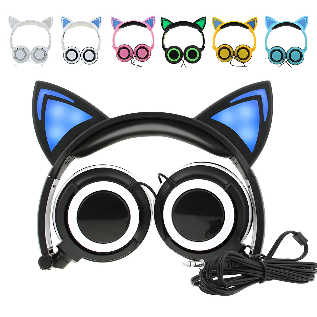 LED illuminated cat ear headphones in various colours showing lighted ears and cushion, with 3.5mm cable.
