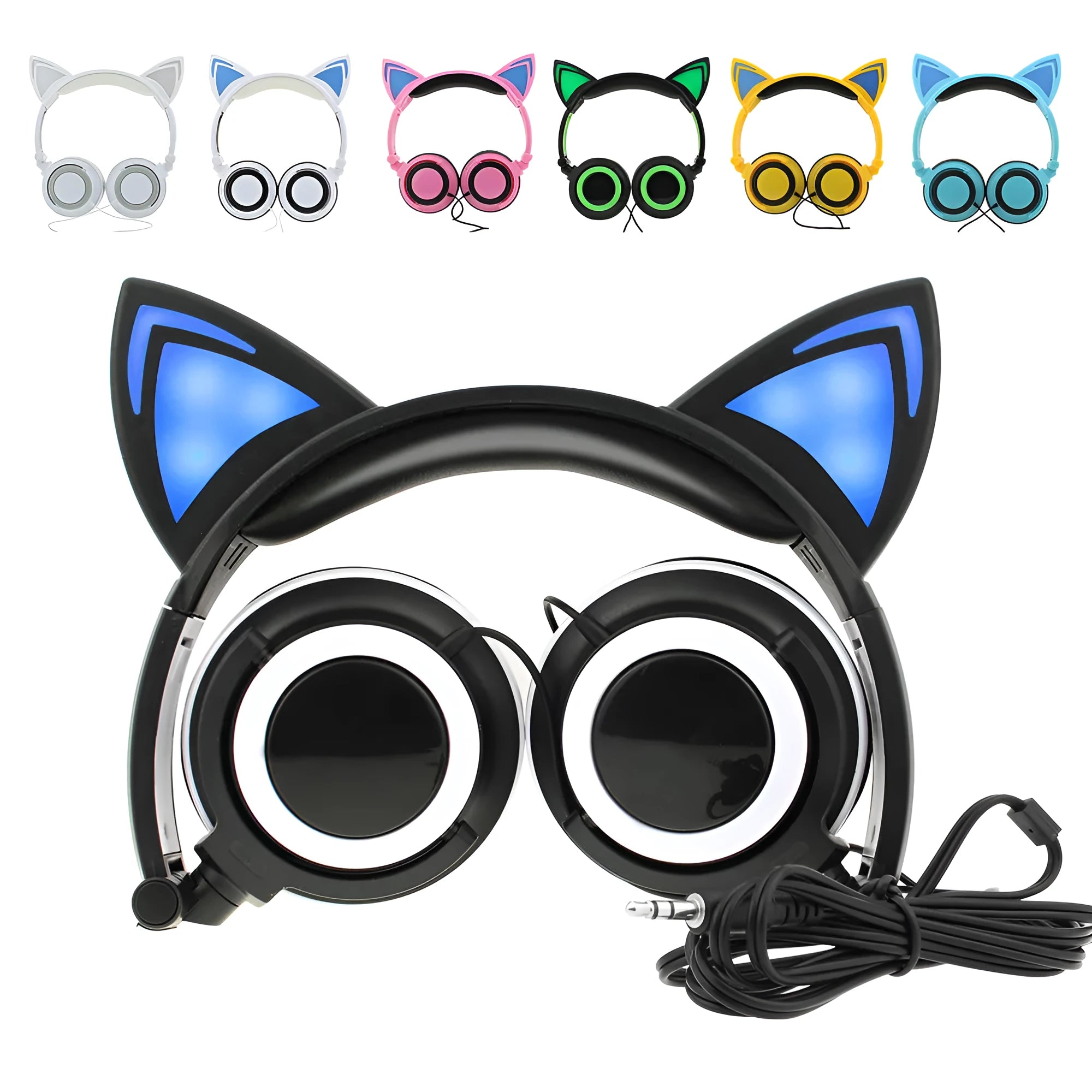 LED illuminated cat ear headphones in various colours showing lighted ears and cushion, with 3.5mm cable.