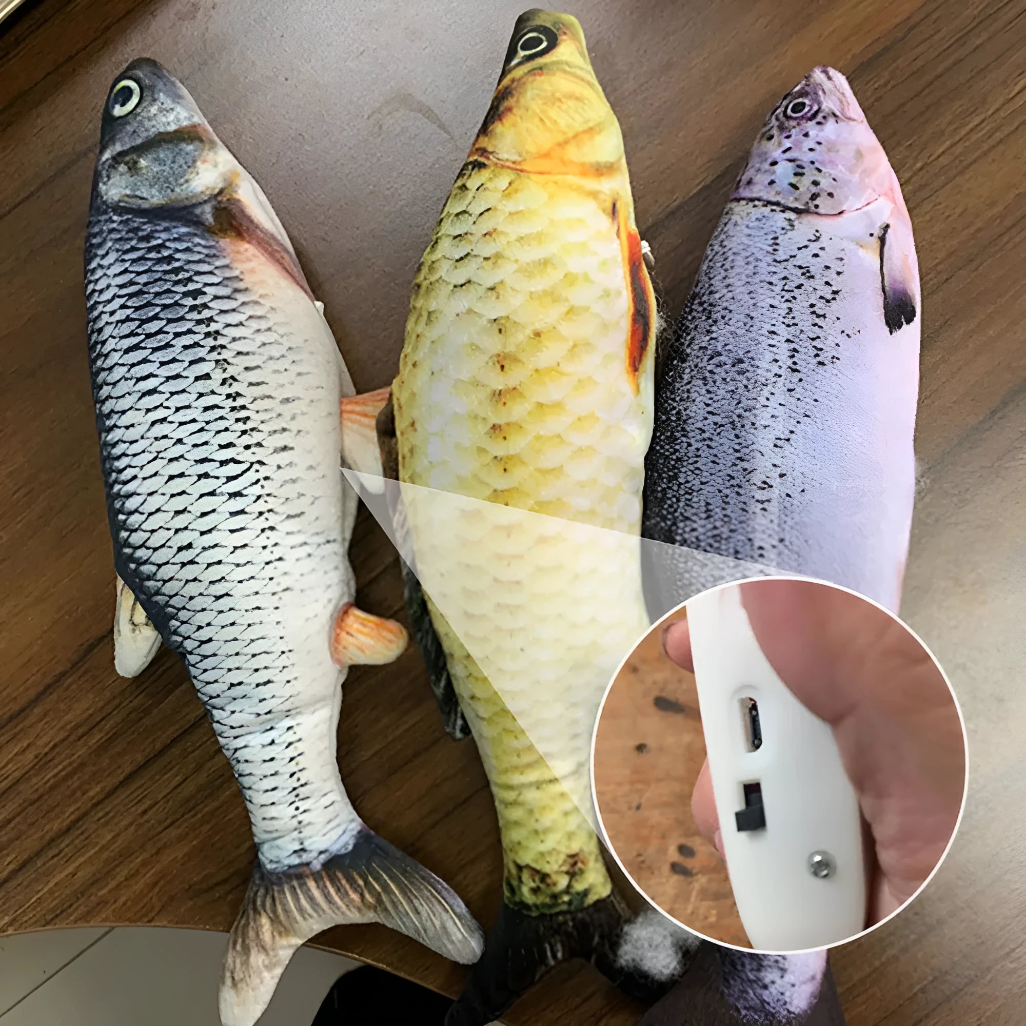 Multicolour electronic fish cat toy measuring 30cm with USB charging cable