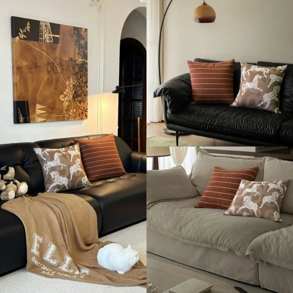 Chinese ancient style square pillow cushion in Maillard colours on a sofa.