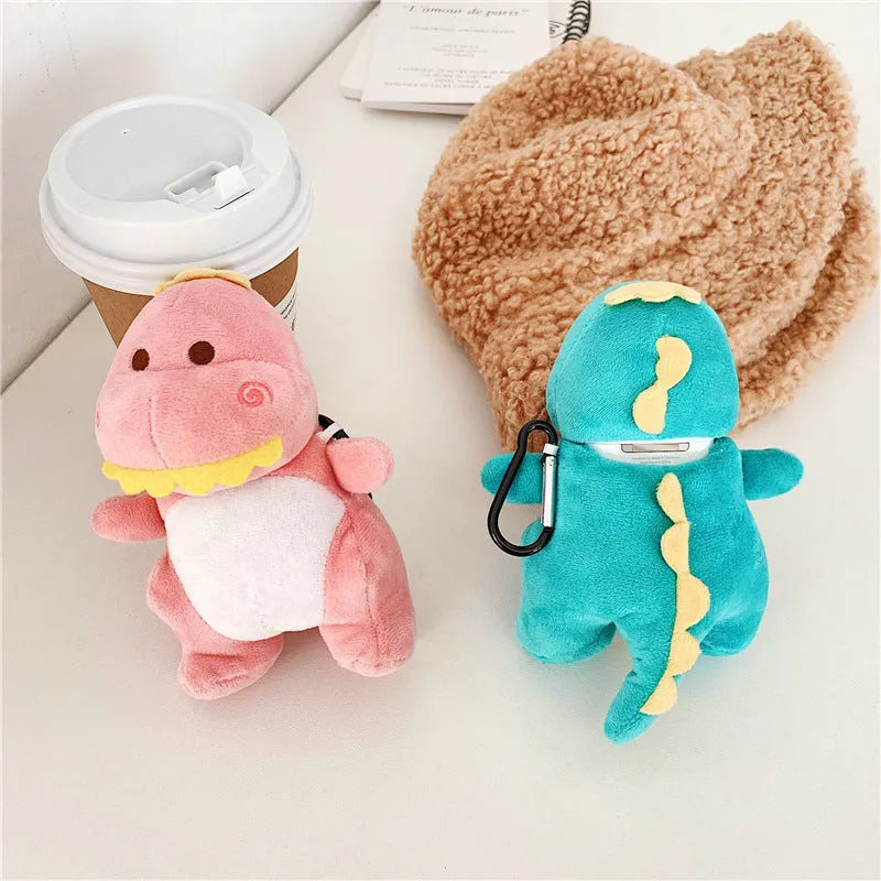 Cartoon plush dinosaur headphone protective case for AirPods 1 and 2 in green, flip type