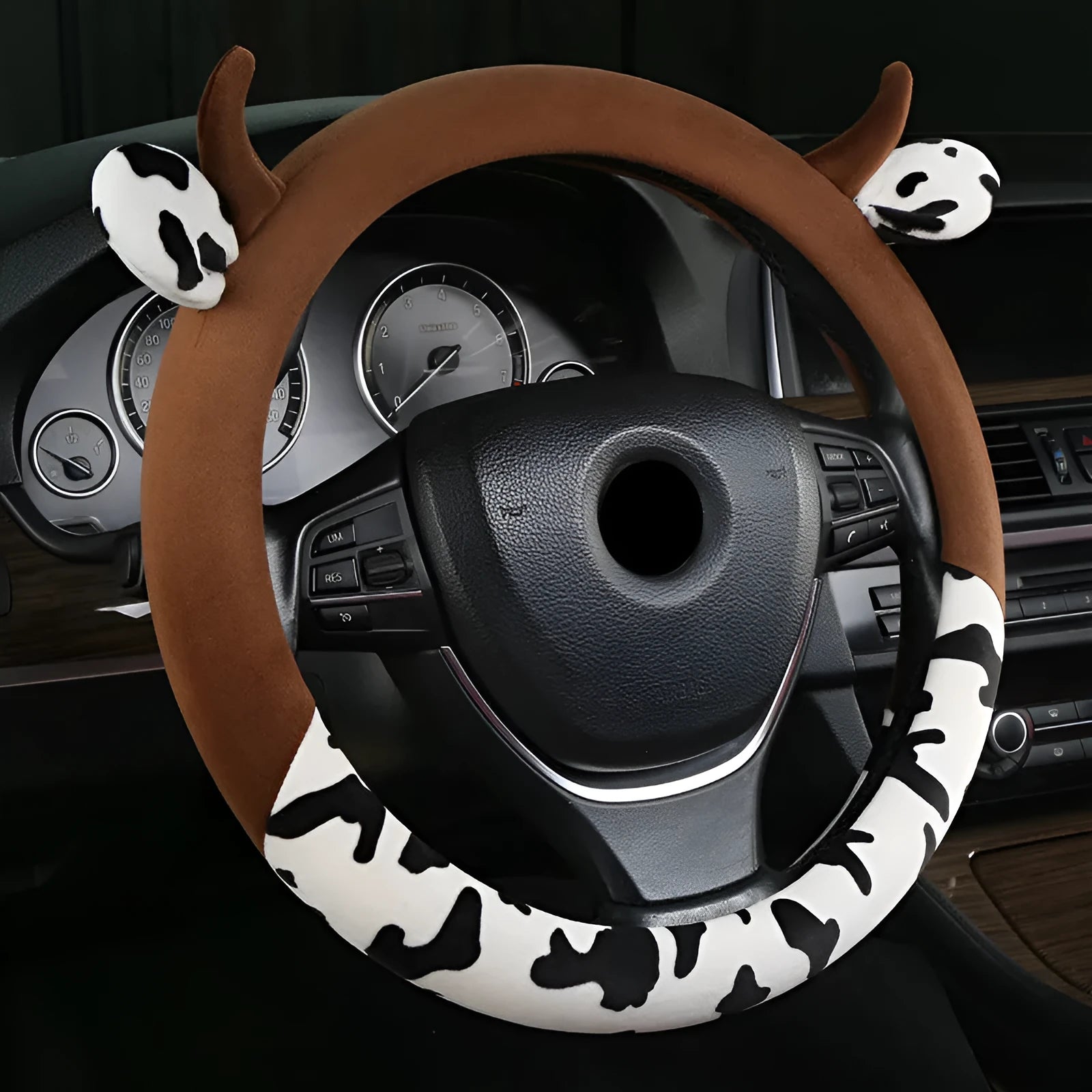 Black short plush steering wheel cover showing protective handle design on 38cm diameter