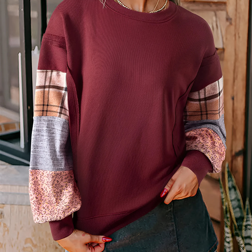 Women's plaid long-sleeved polyester pullover top in loose Japanese Korean style