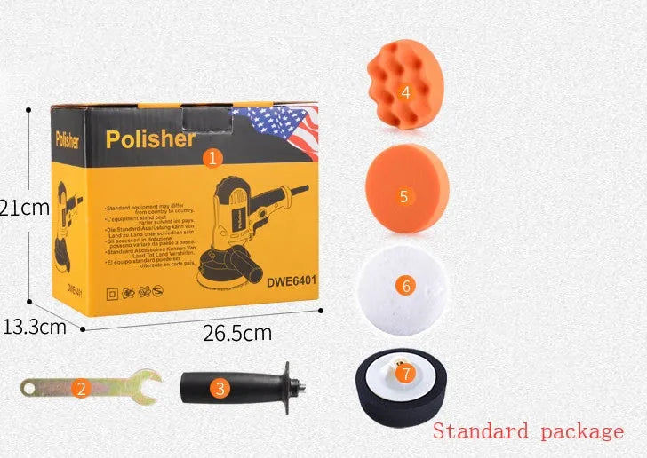 Yellow automotive polishing machine with 125mm disc diameter on workbench