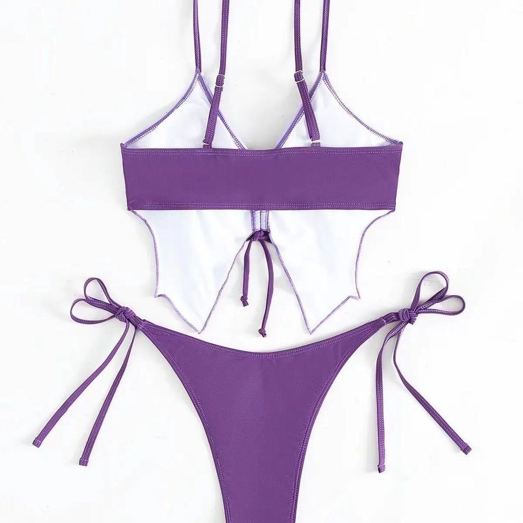 Women's purple bikini swimsuit with bow tie straps and European style briefs