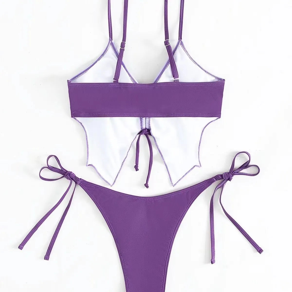 Women's purple bikini swimsuit with bow tie straps and European style briefs