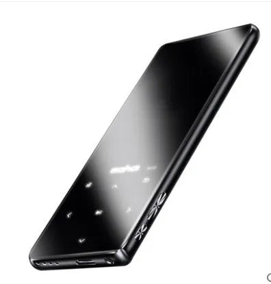 Portable black MP3 MP4 player with 2.4-inch touch screen showing music interface, placed next to wireless headphones.