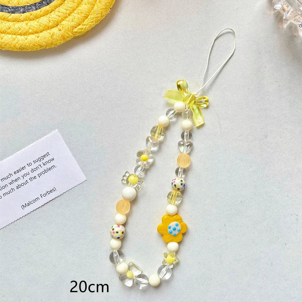 Beaded flower mobile phone lanyard with colourful plastic resin beads on adjustable rope