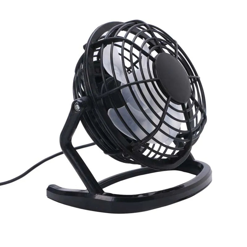 Mini USB desktop fan showing adjustable tilt mechanism and black/white/blue colour options
