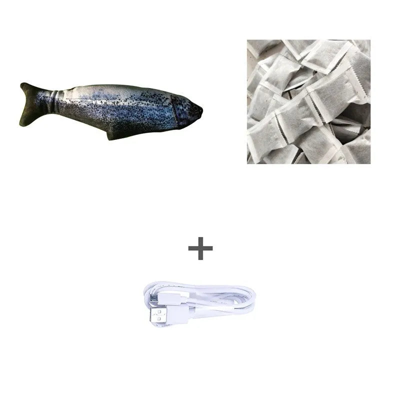 Multicolour electronic fish cat toy measuring 30cm with USB charging cable