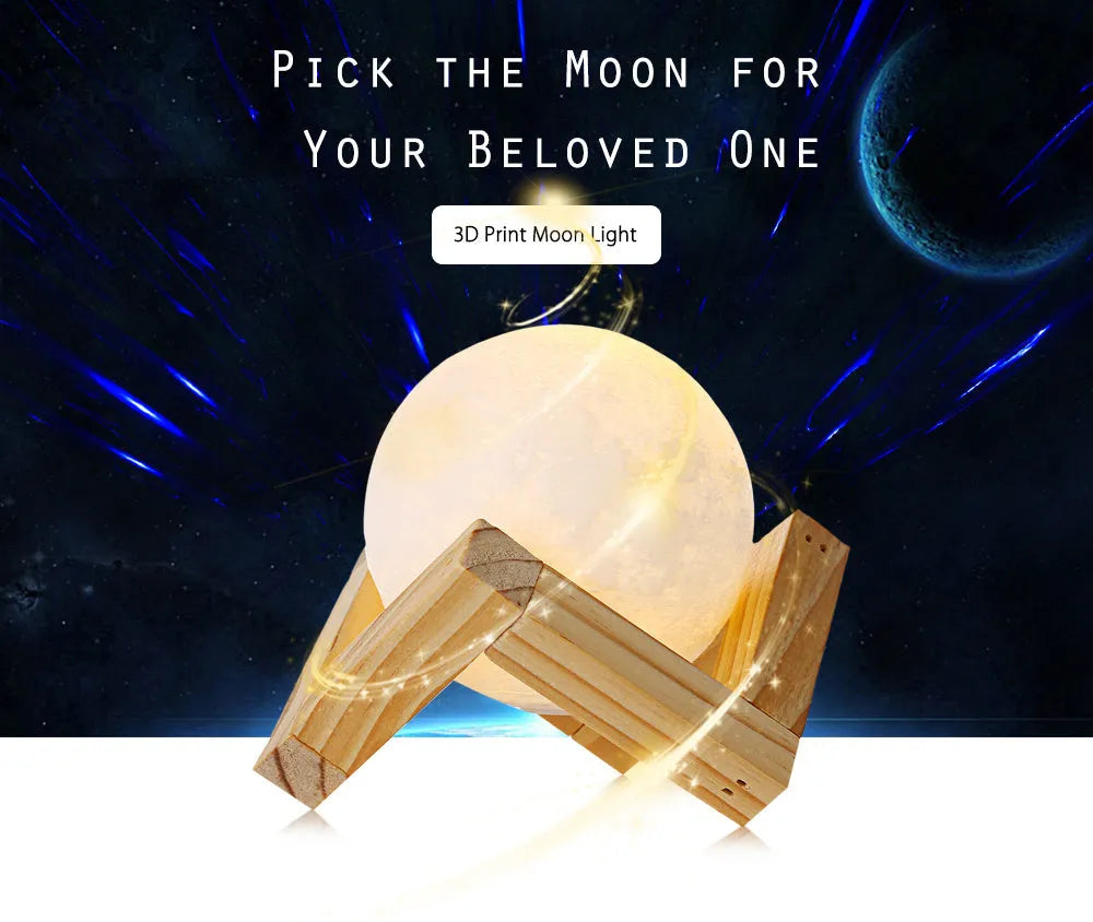 3D printed white moon lamp on wooden stand showing detailed lunar surface texture.