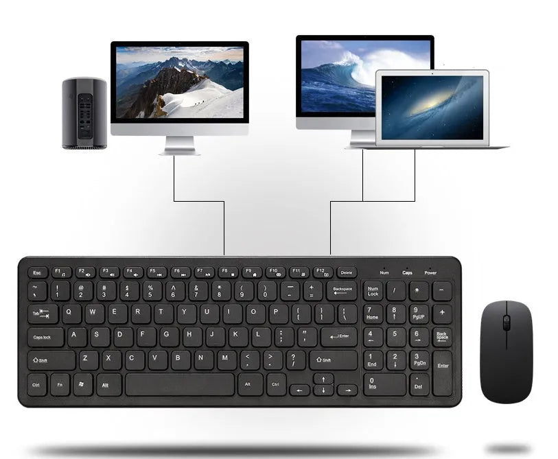Wireless keyboard and mouse set in black plastic with 96-key layout and micro USB receiver