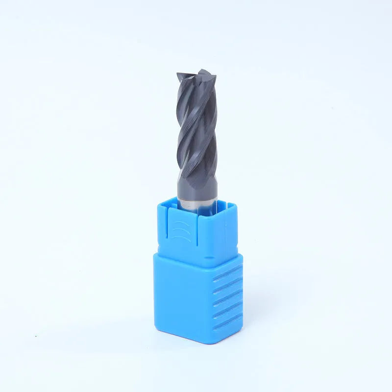 Carbide milling cutter with straight shank and spiral cutting edge showing four-slot design