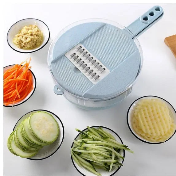 8-in-1 mandoline vegetable slicer with stainless blades, hand guard, and container in blue
