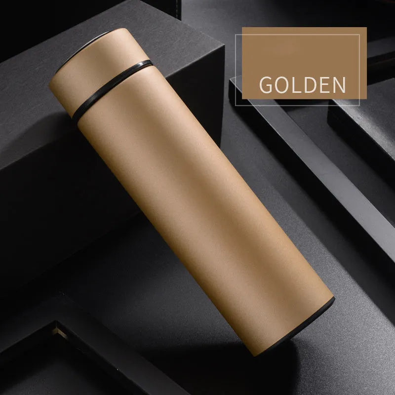 Black stainless steel water bottle with double wall vacuum insulation and arrow mouth, 450ml capacity.