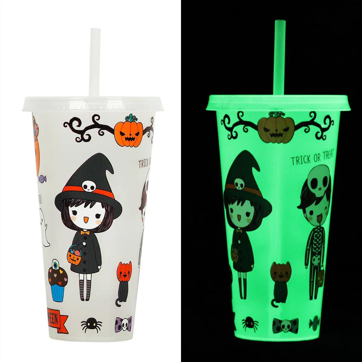 720ml plastic Halloween sippy cup with luminous straw, six colour options