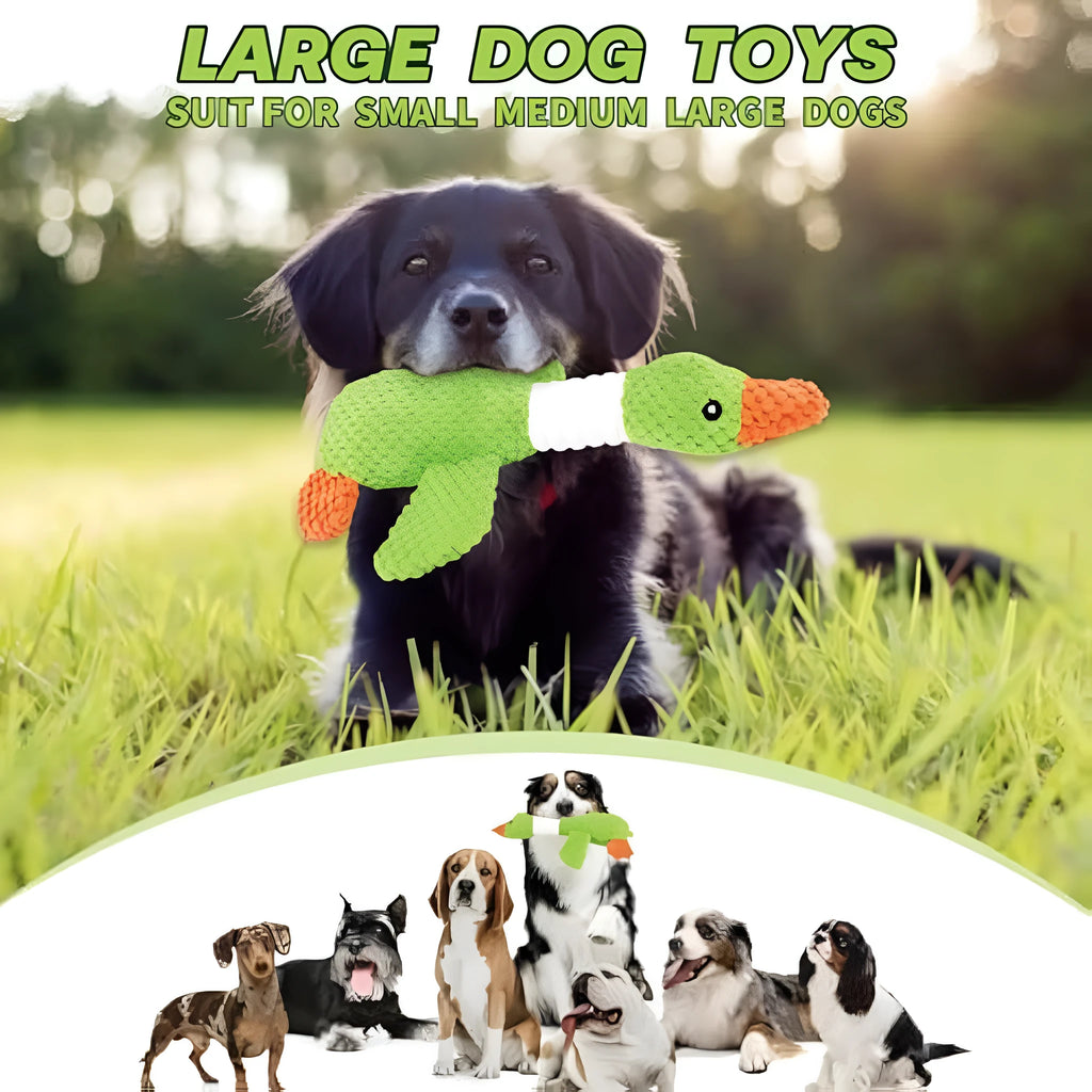 Blue plush duck dog chew toy with two squeakers measuring 33cm by 10cm