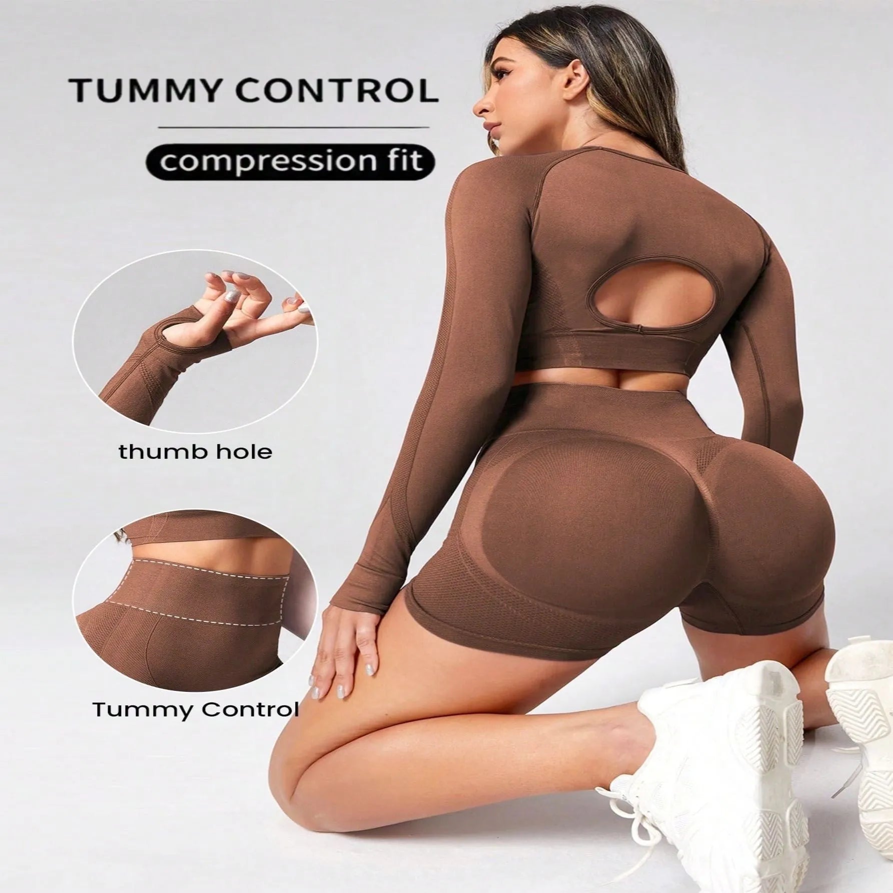 Women's black high waist yoga suit with long sleeves, consisting of matching top and pants