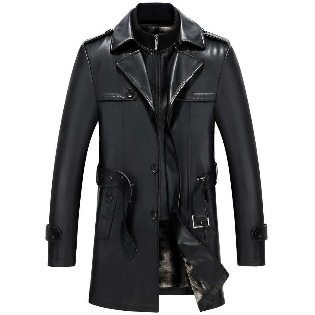 Black men's mid-length sheepskin suit with suit collar, zip closure, colour block pattern, and straight hem on a model