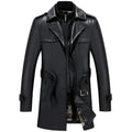 Black men's mid-length sheepskin suit with suit collar, zip closure, colour block pattern, and straight hem on a model