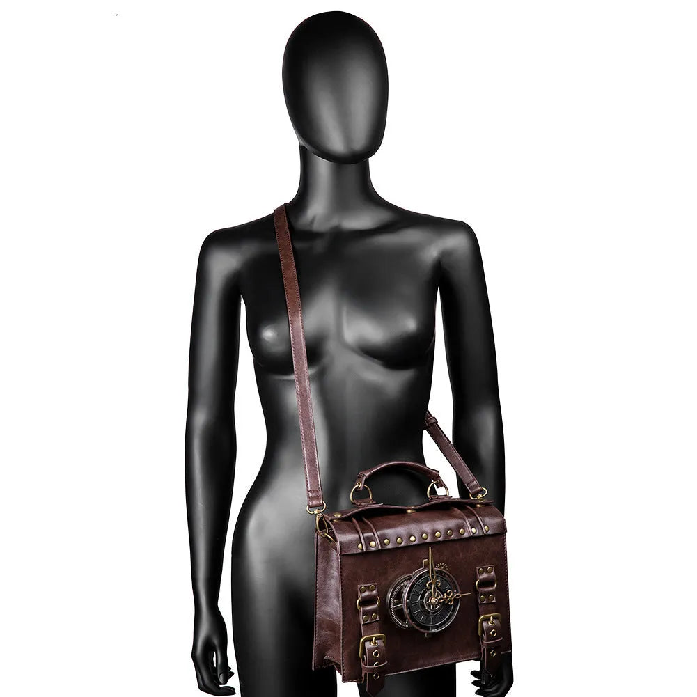 Bronze steampunk industrial retro shoulder bag with metal hardware details