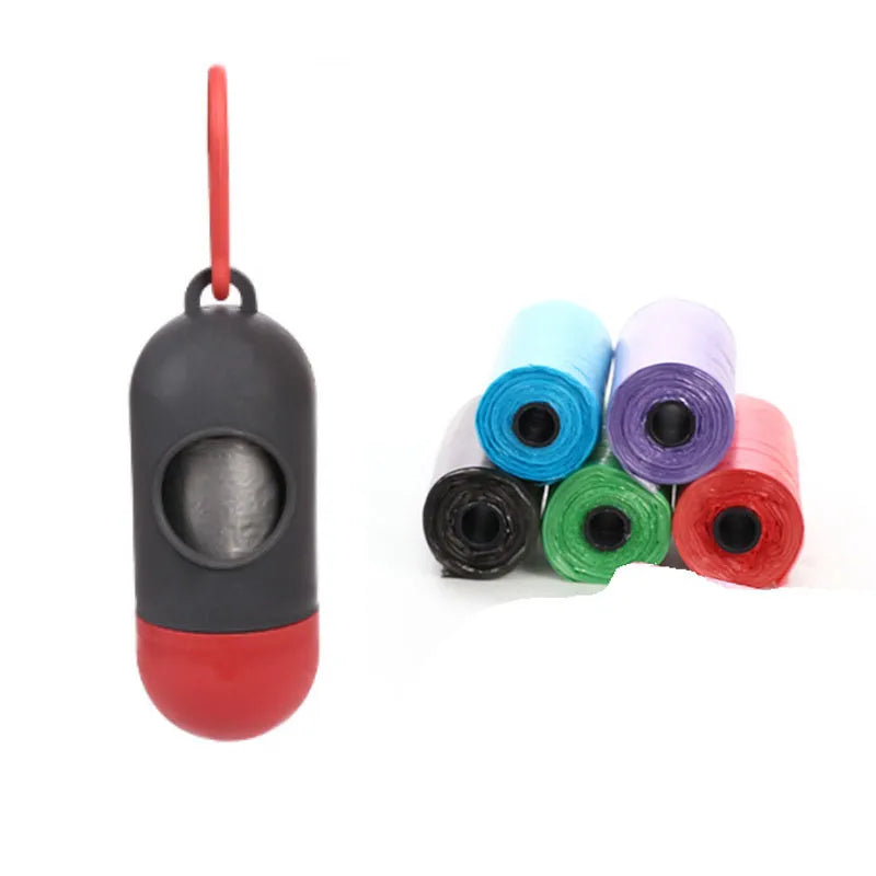 Set of five coloured dog waste poop bags showing black, blue, red, green, pink, and purple options.