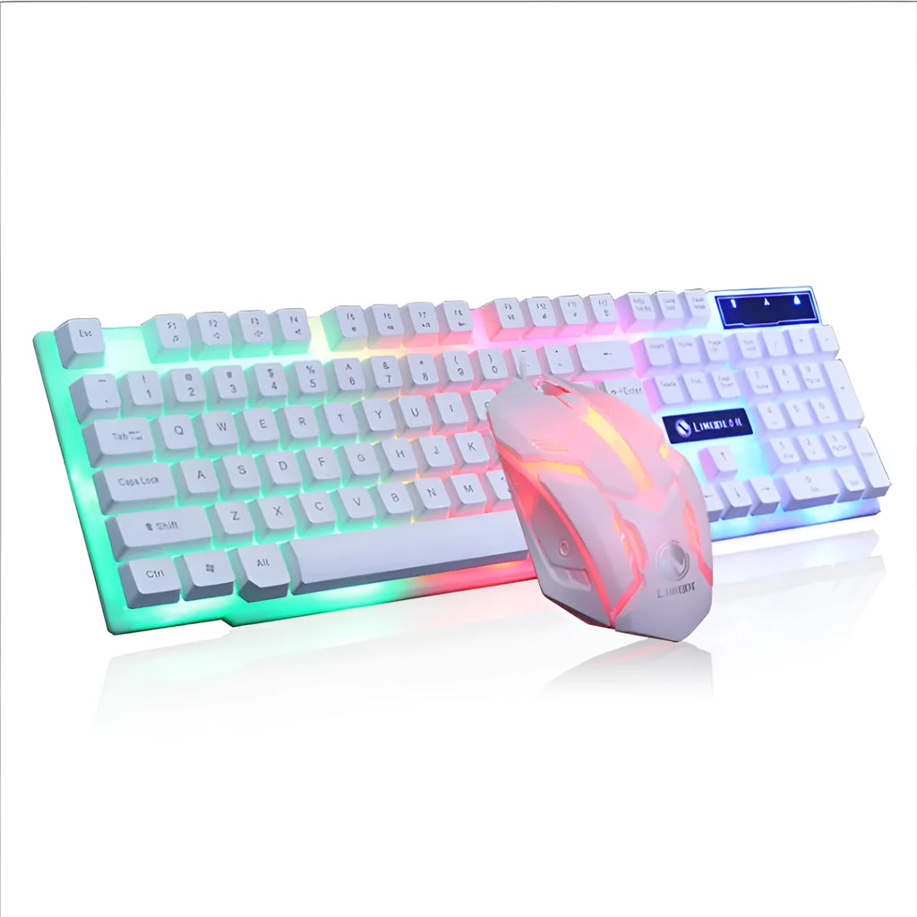 Limei GTX300 white and black gaming keyboard and mouse set with backlit keys on a desk