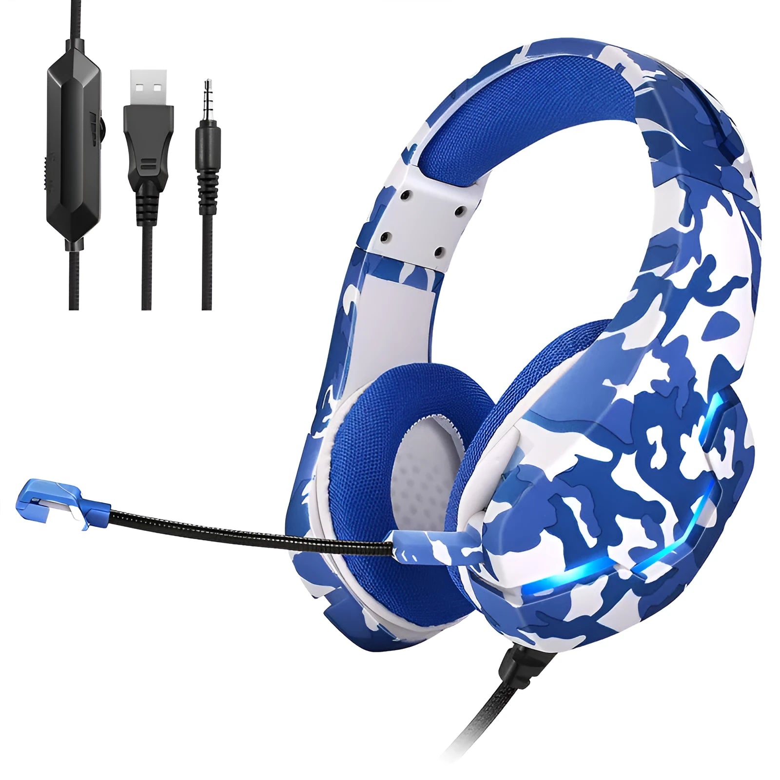 Wired camouflage gaming headset with microphone and braided cable on a desk.