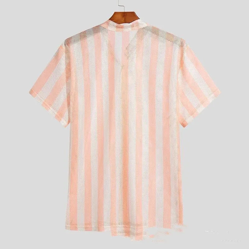 Men's pink waffle-textured short-sleeved cardigan shirt on hanger