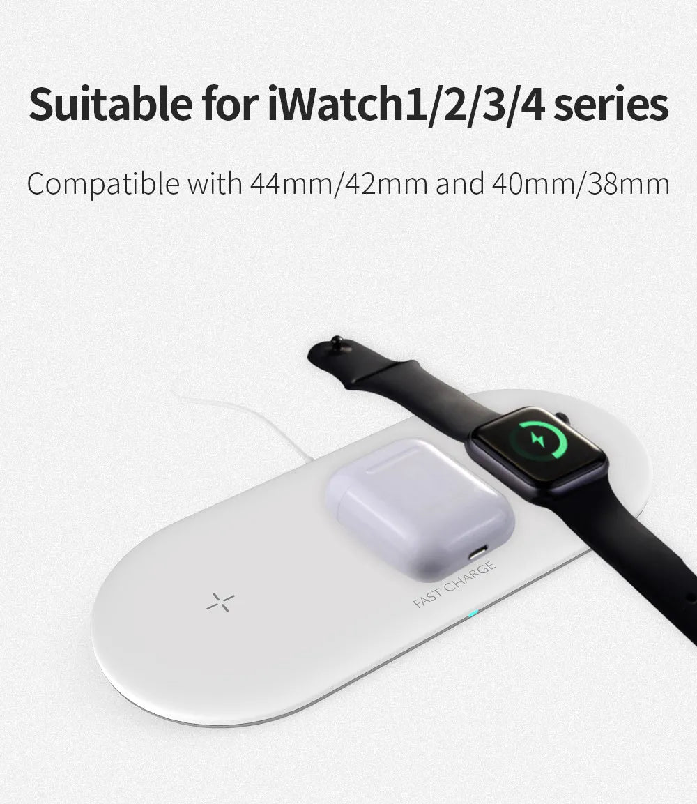 Black three-in-one wireless charging dock for iPhone, Apple Watch and wireless earbuds on a desk