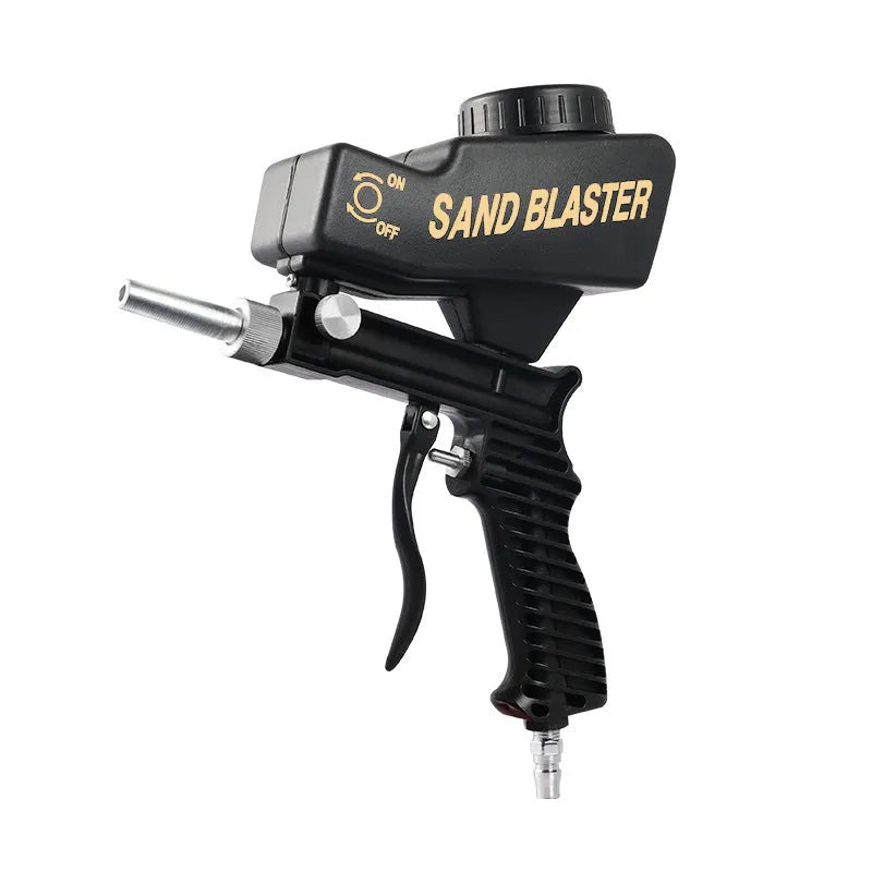 Portable blue pneumatic sandblasting gun with large hopper and nozzle for industrial surface cleaning.