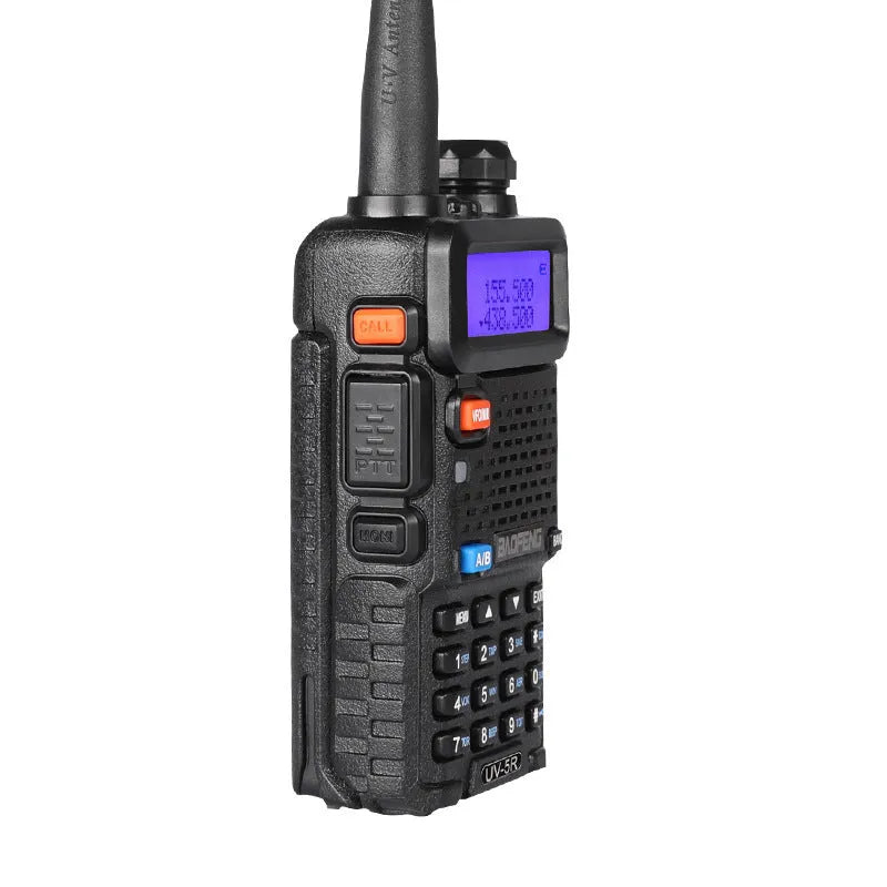 Black long-range walkie talkie with antenna showing compact dimensions for portable two-way communication.