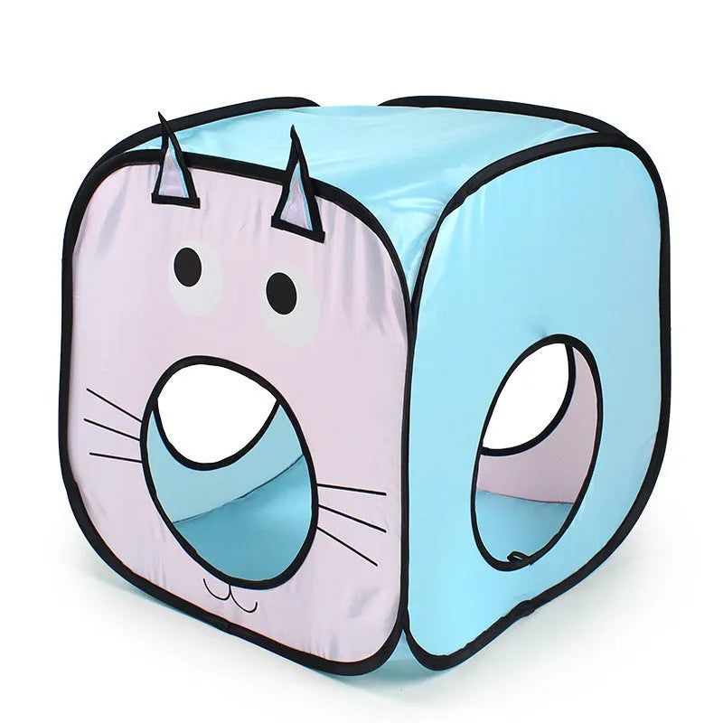 Foldable pet tent cat tunnel playhouse with fish toy in cat and fish themed design