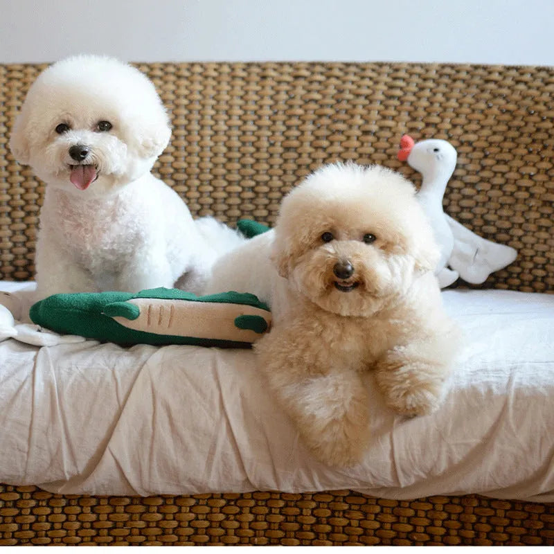 Green plush dog toy on a white background showing its 35cm height and soft fabric texture.