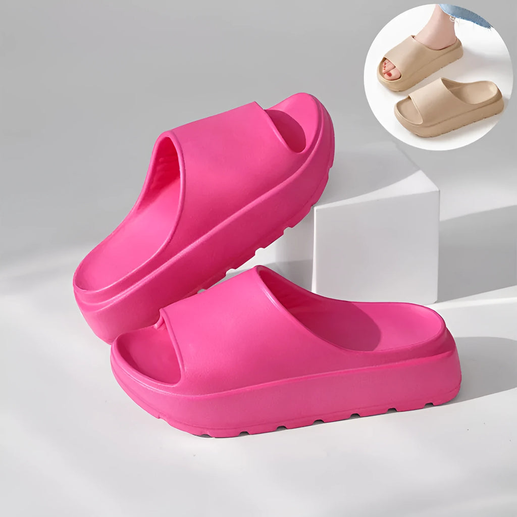 Women's thick soled beach slippers with fish mouth design in beige, black, khaki or rose red colours