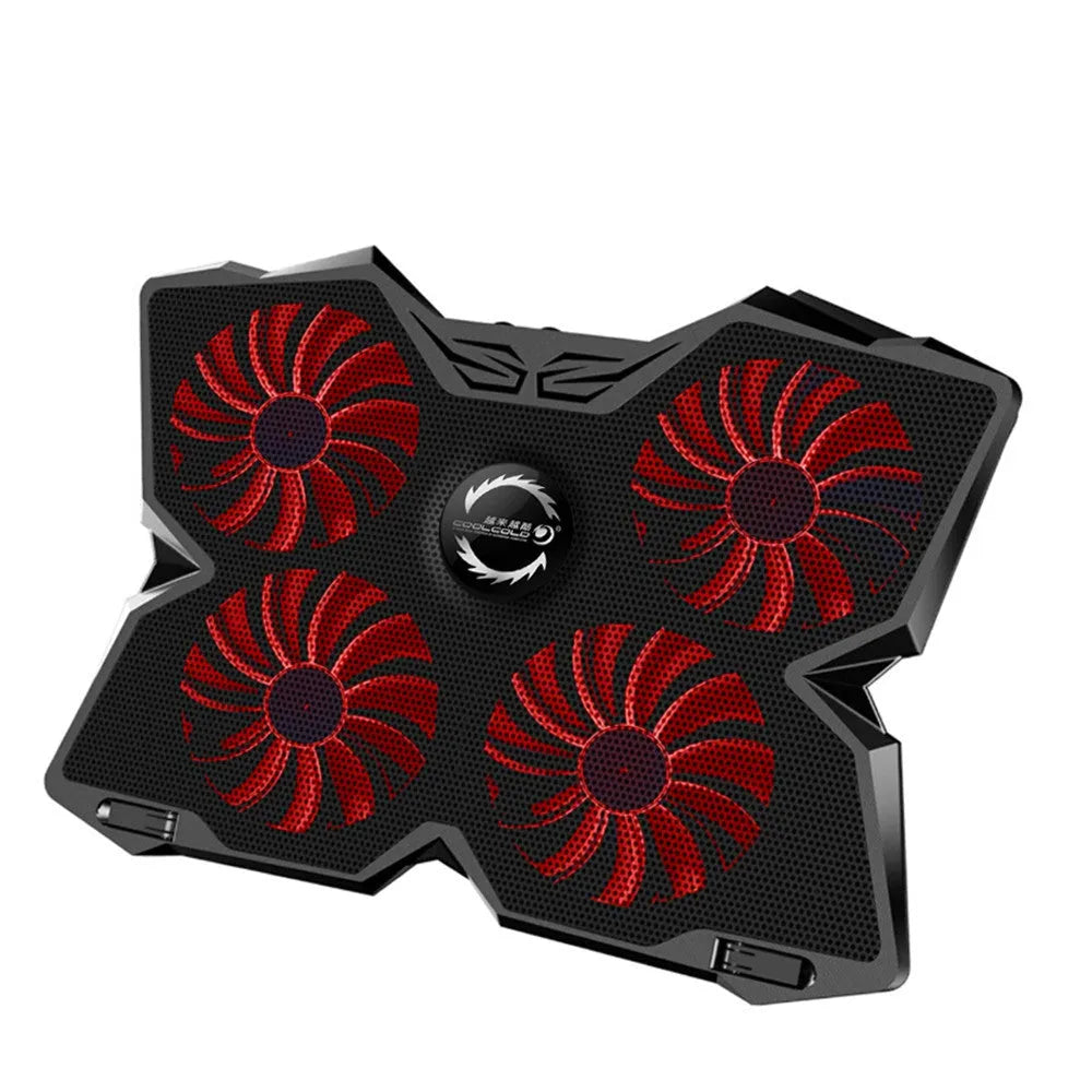Blue laptop cooling base with four LED fans and dual USB ports